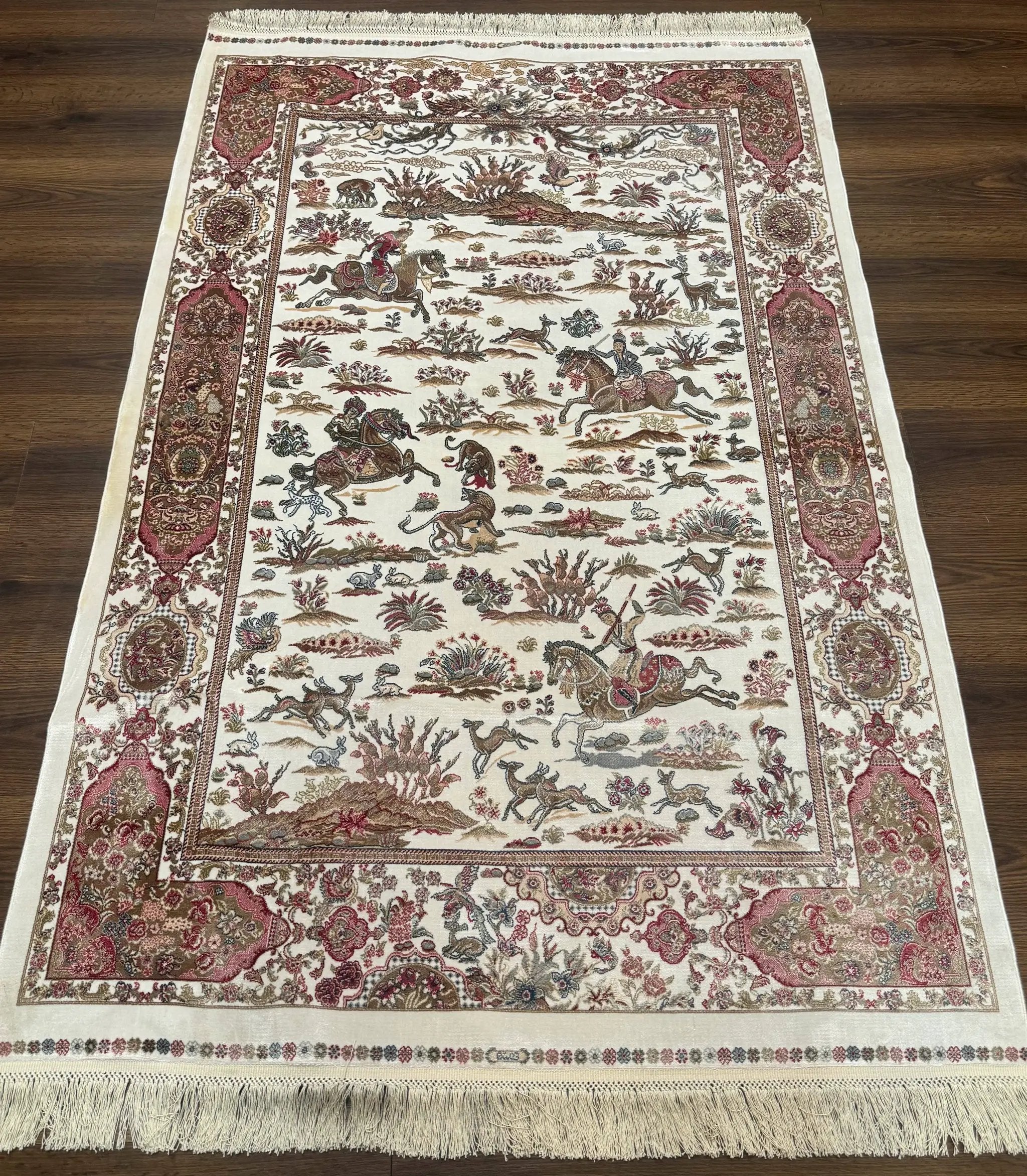 Turkish Silk Hunting Scene Rug 4x6, Ivory, Bamboo Silk, New by Jewel Rugs