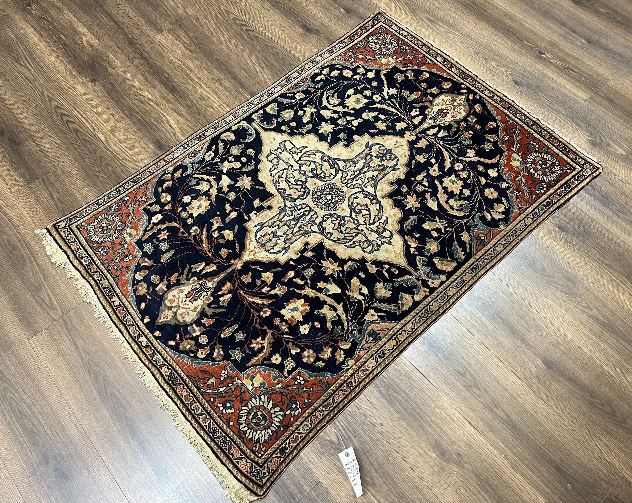 Antique Persian Rug 3.5 x 5, Sarouk Farahan Rug, High Quality 1920s Fine Oriental Carpet 3 x 5 ft, Large Medallion, Floral, Navy Blue Red, Hand Knotted Wool Rug by Jewel Rugs