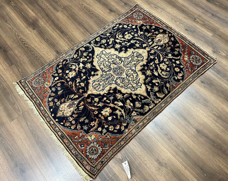 Antique Persian Rug 3.5 x 5, Sarouk Farahan Rug, High Quality 1920s Fine Oriental Carpet 3 x 5 ft, Large Medallion, Floral, Navy Blue Red, Hand Knotted Wool Rug by Jewel Rugs