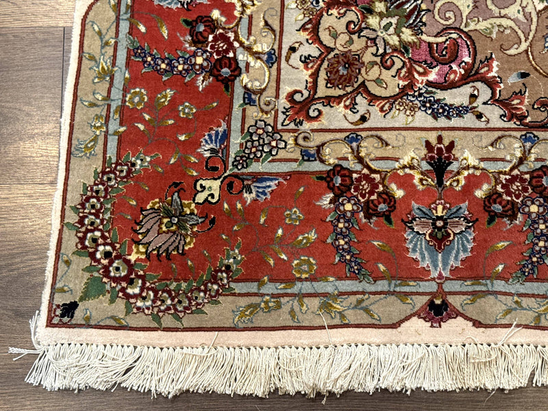 Wonderful Persian Tabriz Rug 5x7, Very Fine 440 KPSI, Ivory and Coral, Rare by Jewel Rugs