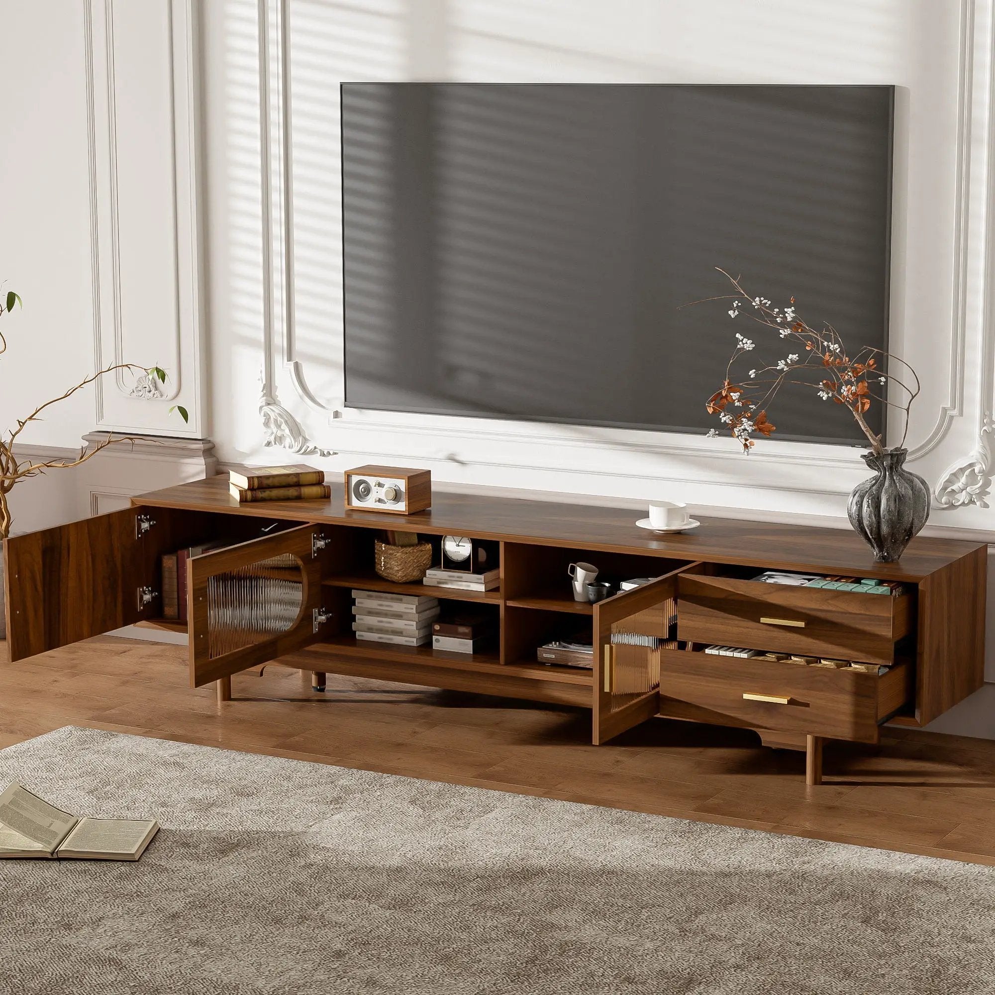 Modern TV Stand With Fluted Glass Doors & 2 Drawers by HouseOfZazla