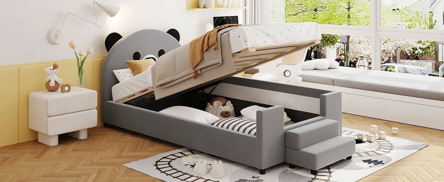 Upholstered Daybed With Bear Shaped Headboard, Hydraulic System And Breathable Fence by HouseOfZazla