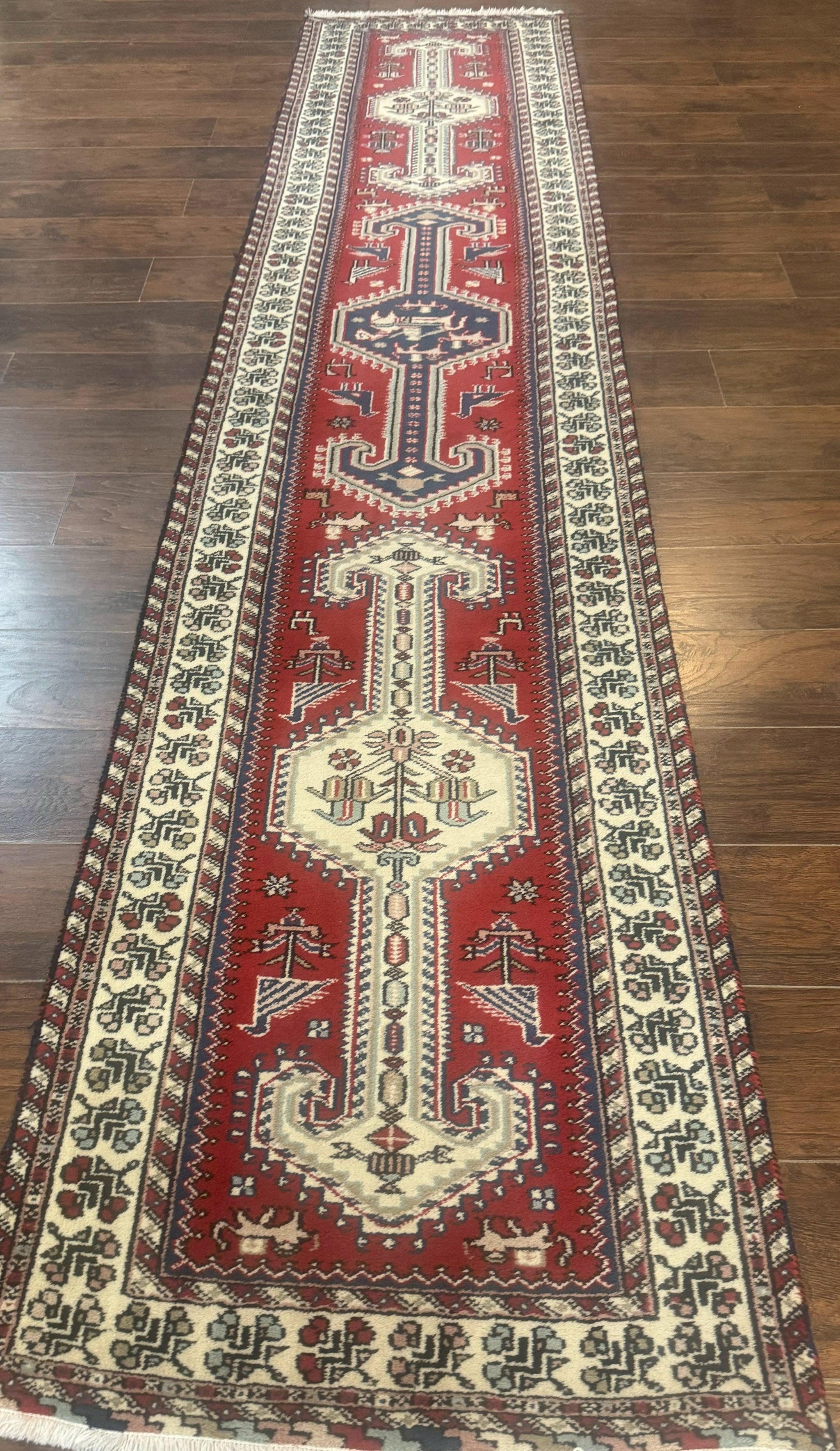 Indo Persian Runner Rug 2.6 x 12, Heriz Geometric Caucasian Design, Animal Pictorials, Tribal Runner Rug, Vintage Handmade Wool Red by Jewel Rugs