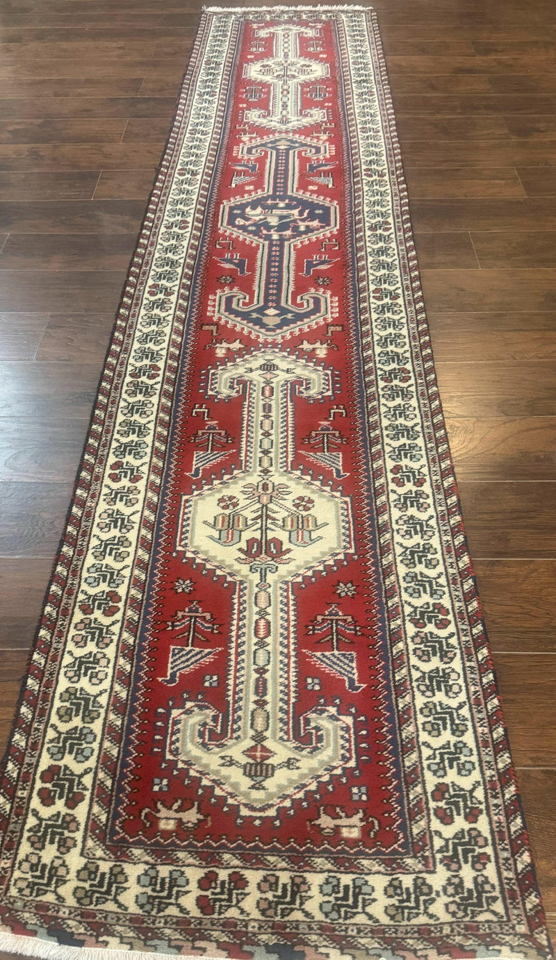 Indo Persian Runner Rug 2.6 x 12, Heriz Geometric Caucasian Design, Animal Pictorials, Tribal Runner Rug, Vintage Handmade Wool Red by Jewel Rugs