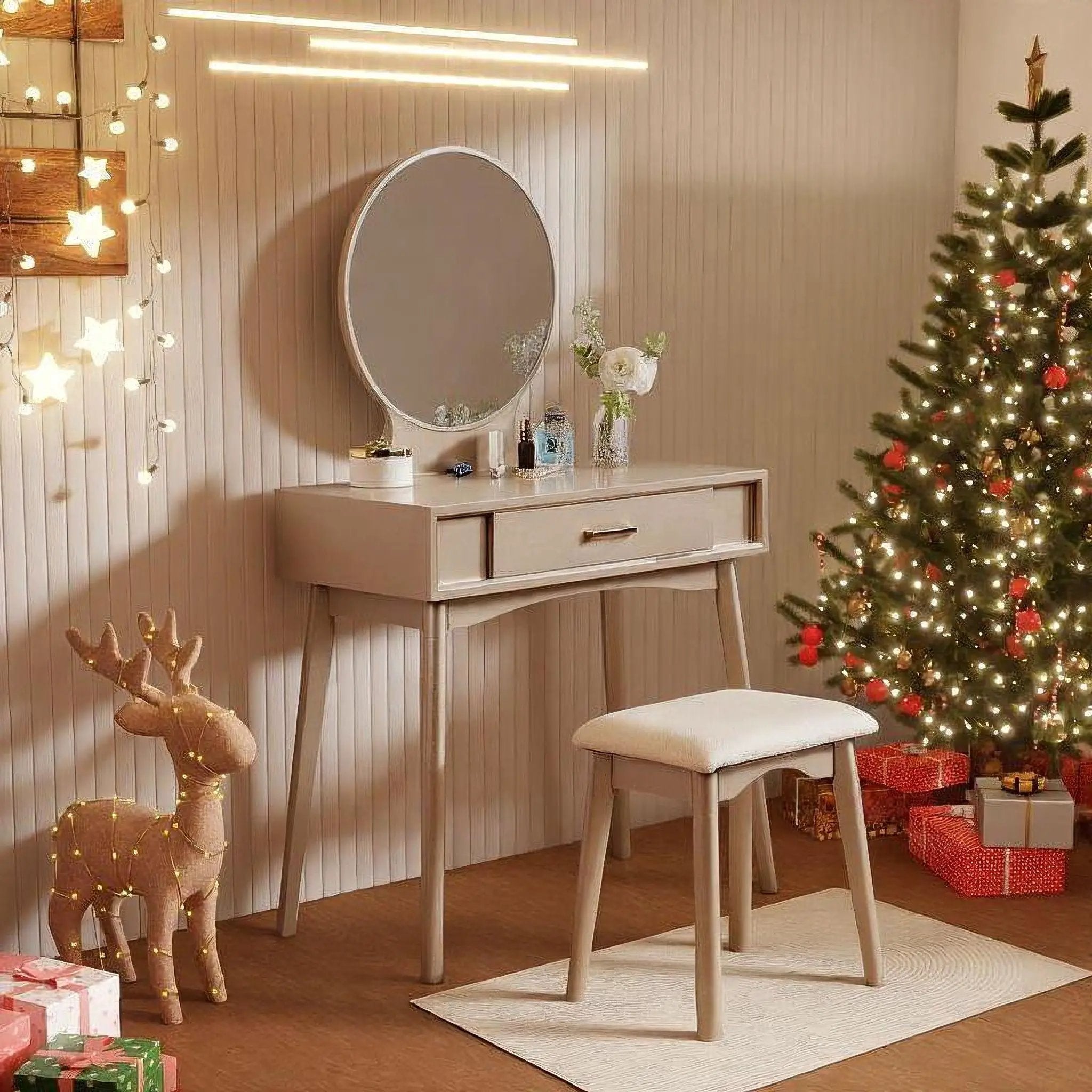 Maly - Contemporary Wood Vanity And Stool Set - Gold by HouseOfZazla