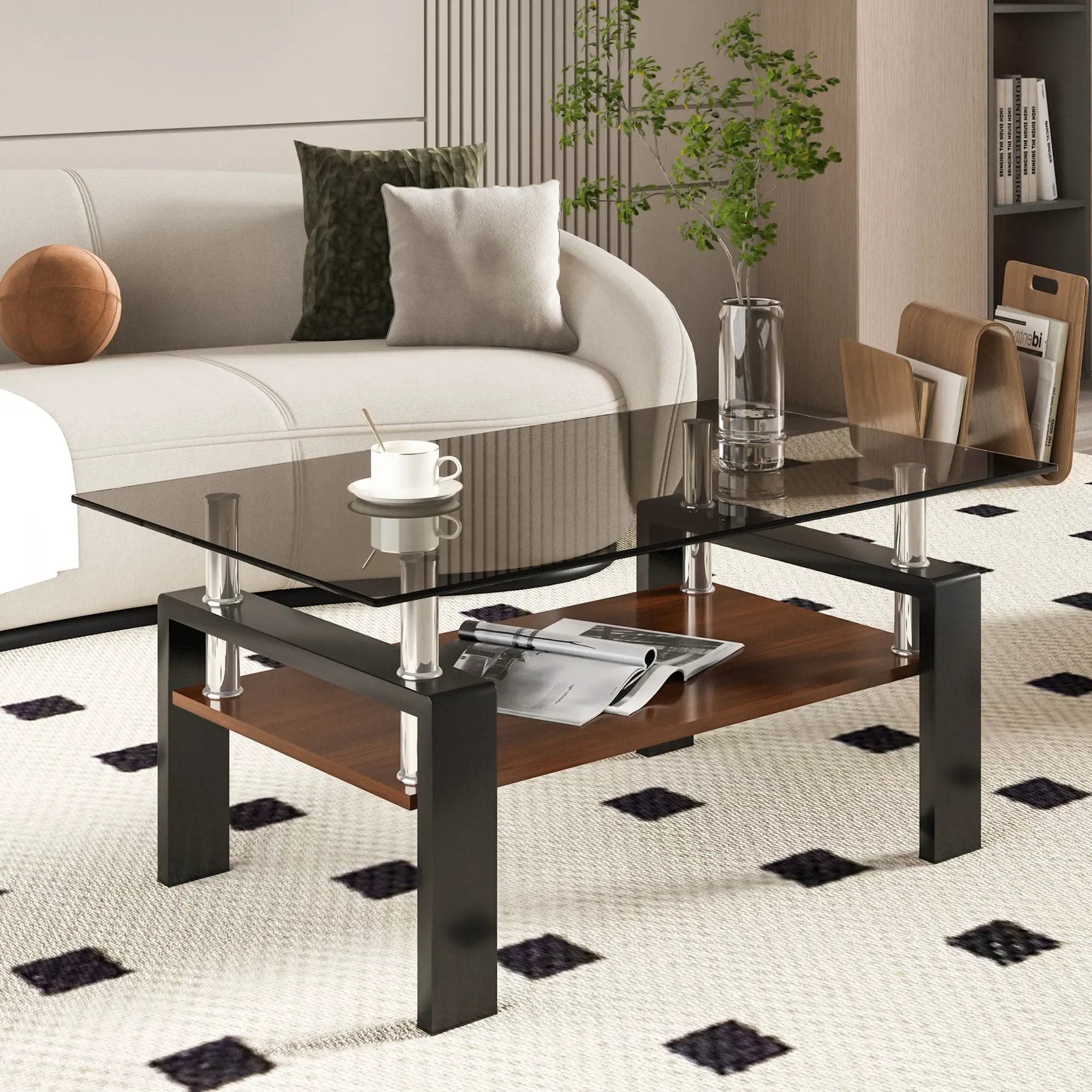 Modern Rectangular Coffee Table With Tempered Transparent Glass Top And Storage Shelf by Unique Piece Furniture