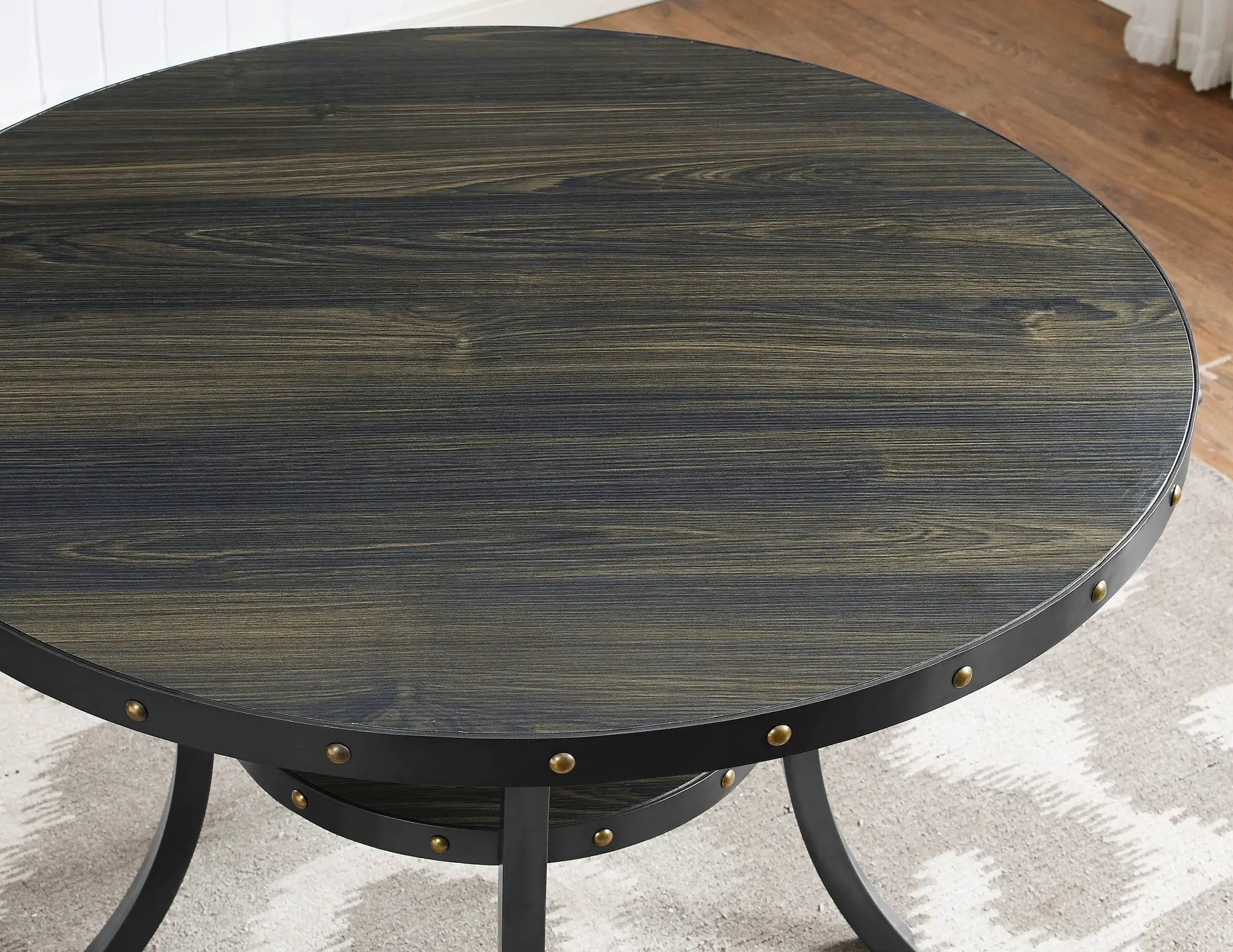 Biony Espresso Wood Dining Set with Tan Fabric Nailhead Chairs by HouseOfZazla