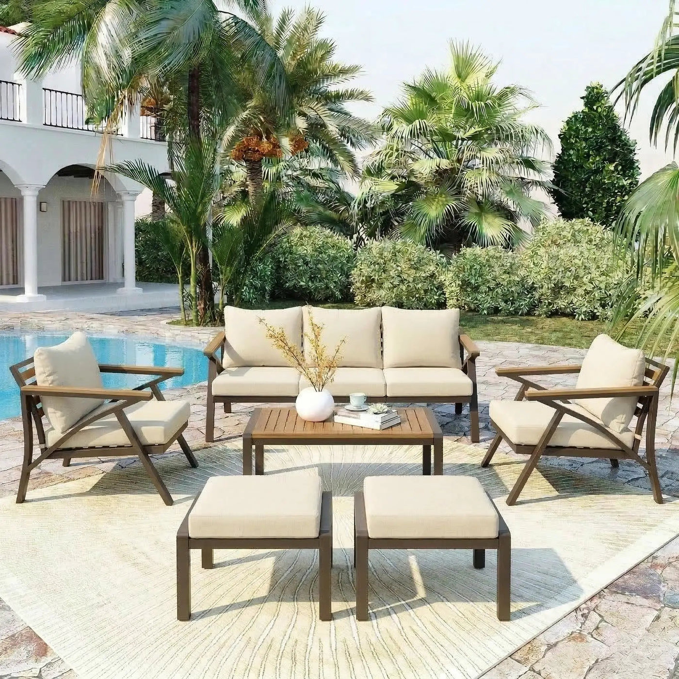 6-Piece Outdoor Patio Furniture Set with Steel Frame Sofa & Acacia Wood Table by HouseOfZazla