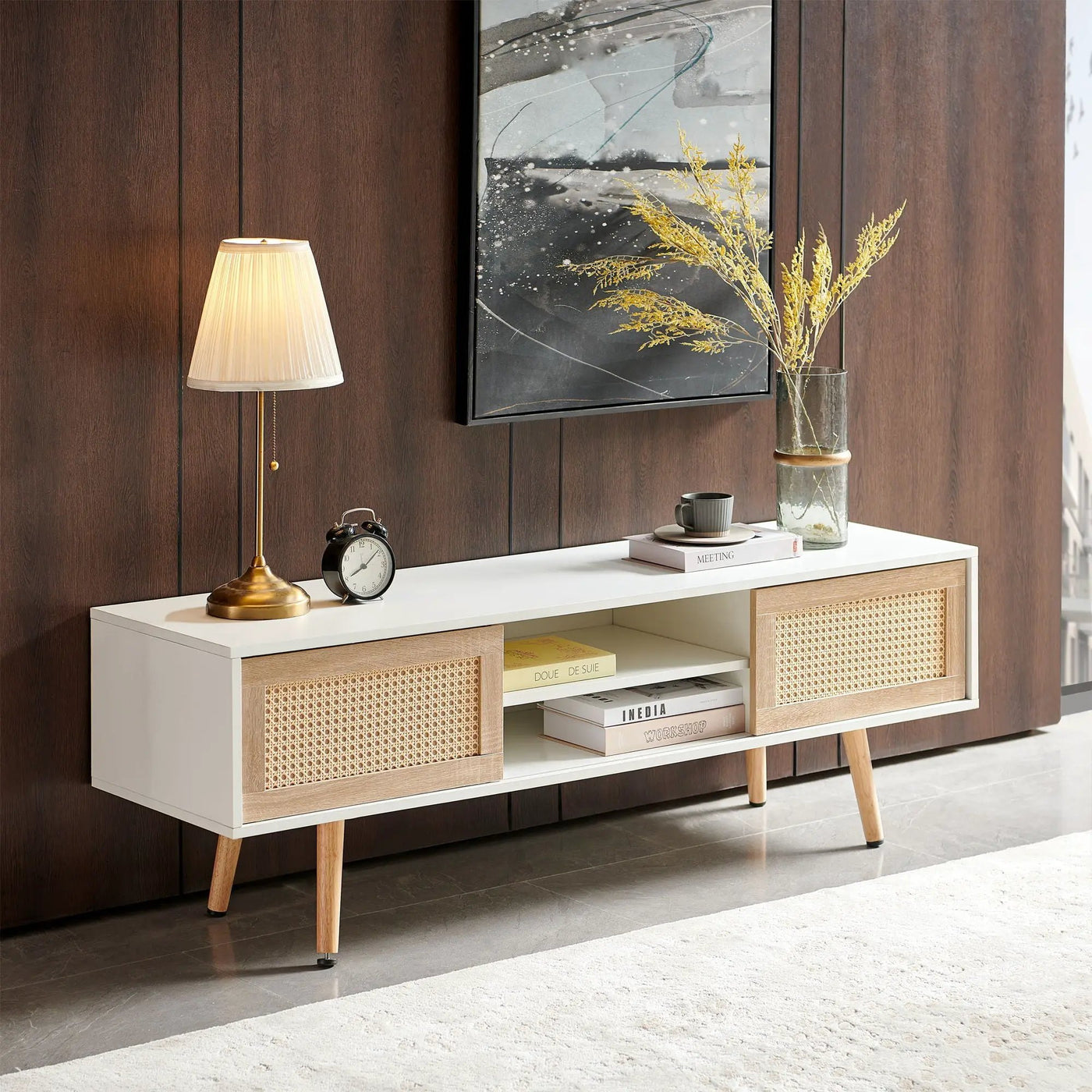 55.12" Rattan TV Cabinet, Double Sliding Doors For Storage, Adjustable Shelf, Solid Wood Legs, TV Console For Living Room by Unique Piece Furniture
