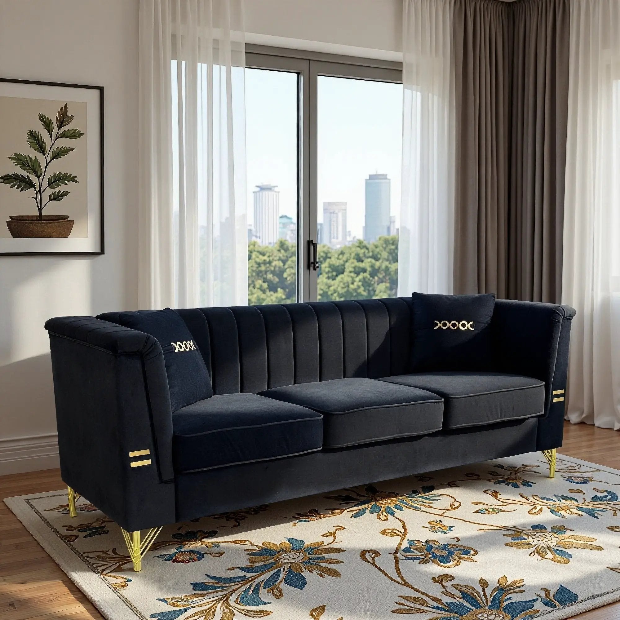 FX-P82-BK2 Modern Velvet 3-Seater Sofa with 2 Pillows by HouseOfZazla