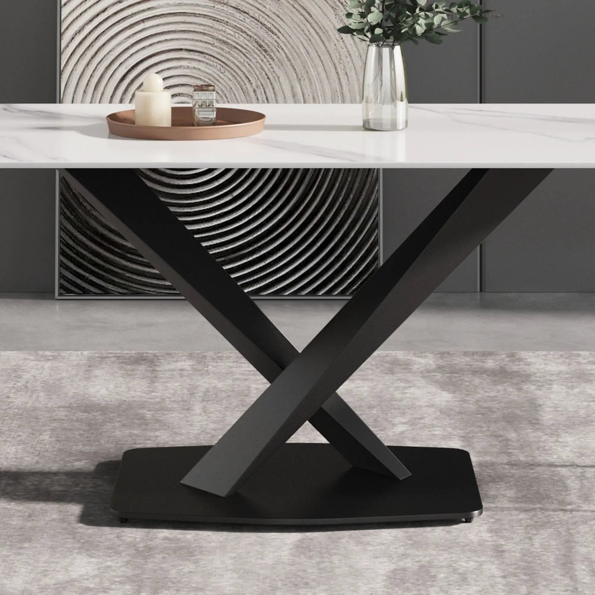 63" Modern Artificial Stone Straight Edge Metal X-Leg Dining Table, 6 People - White / Black by Unique Piece Furniture