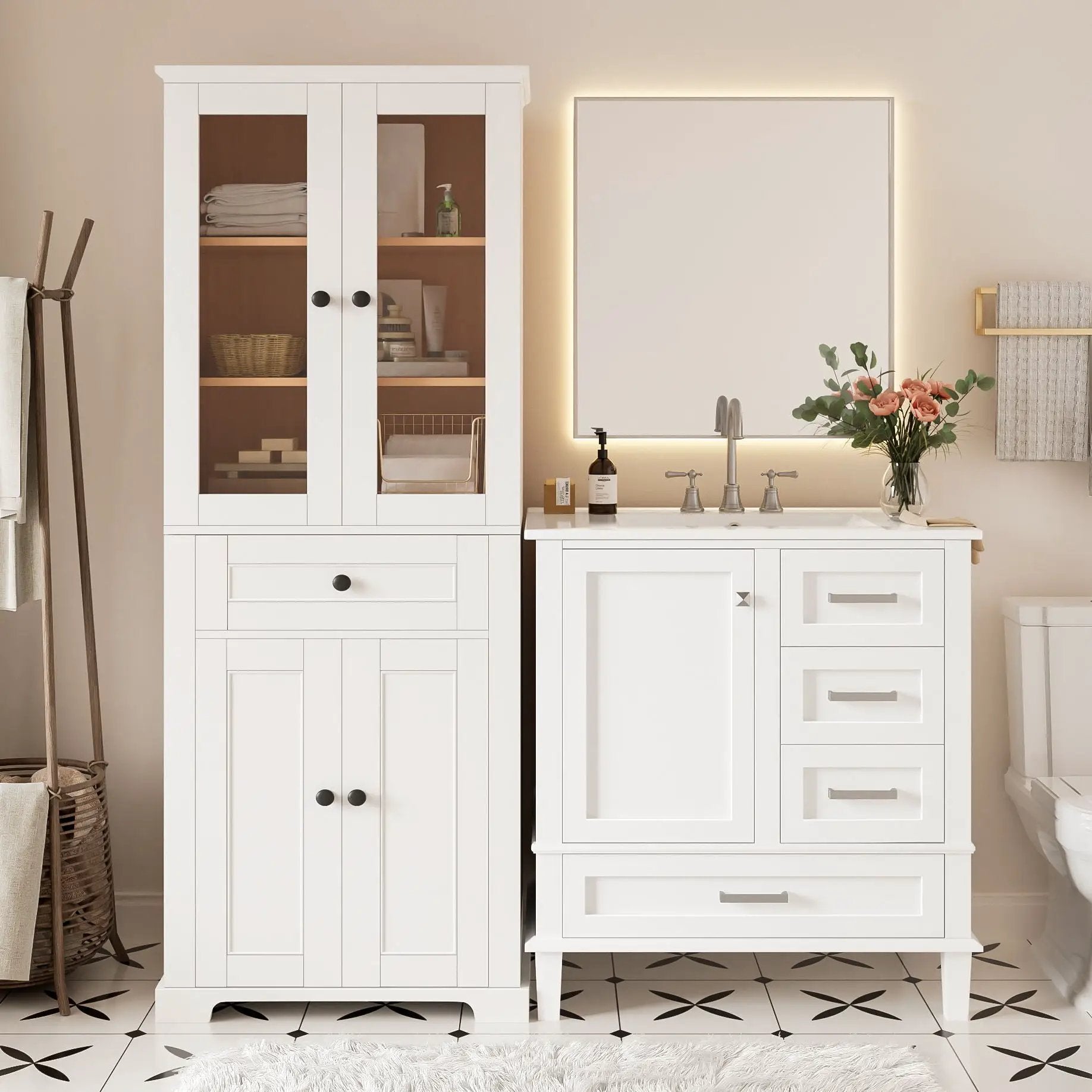 Bathroom Vanity & Tall Storage Cabinet Set With Doors, Adjustable Shelves, Soft Close Hinges, Sink