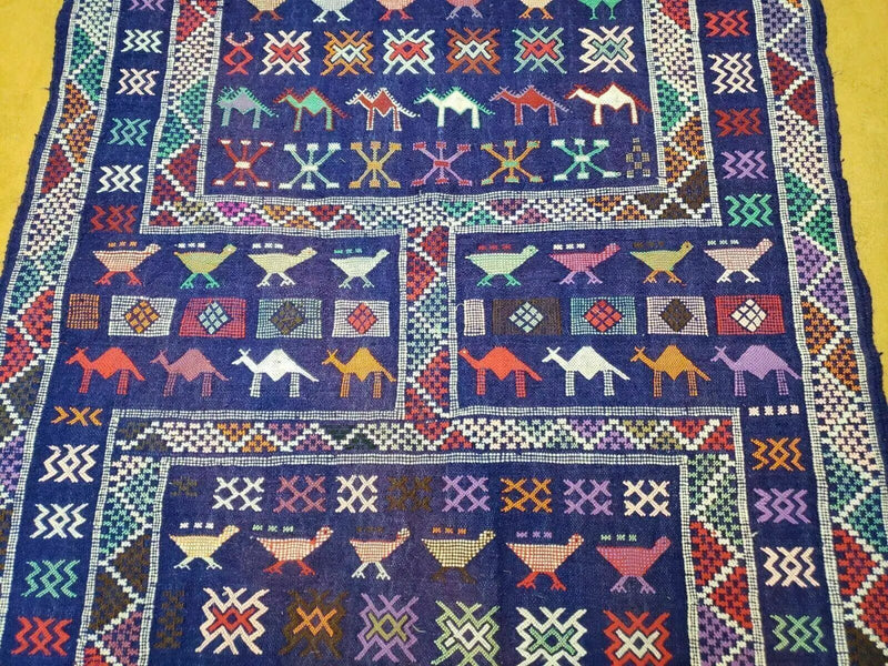 3' X 7' Vintage Handmade Indian Wool Kilim Flat weave Rug Camel Birds Blue Geometric Short Runner by Jewel Rugs