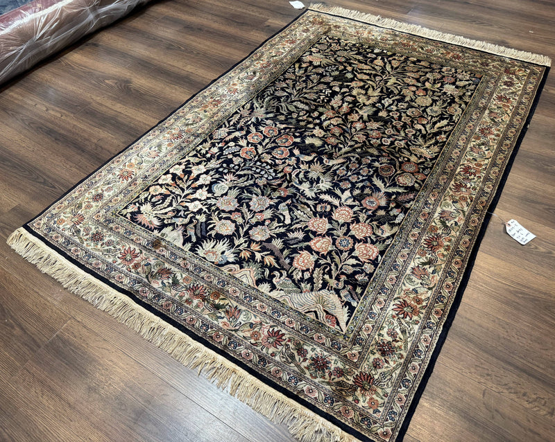Silk Rug 4x6, Black and Cream, Floral & Bird Pictorials, Fine 330 KPSI, Sino Persian Rug by Jewel Rugs