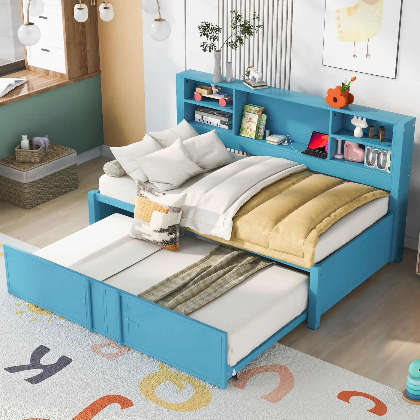 Industrial Metal Daybed With Trundle, Storage Shelves, USB Ports by Unique Piece Furniture