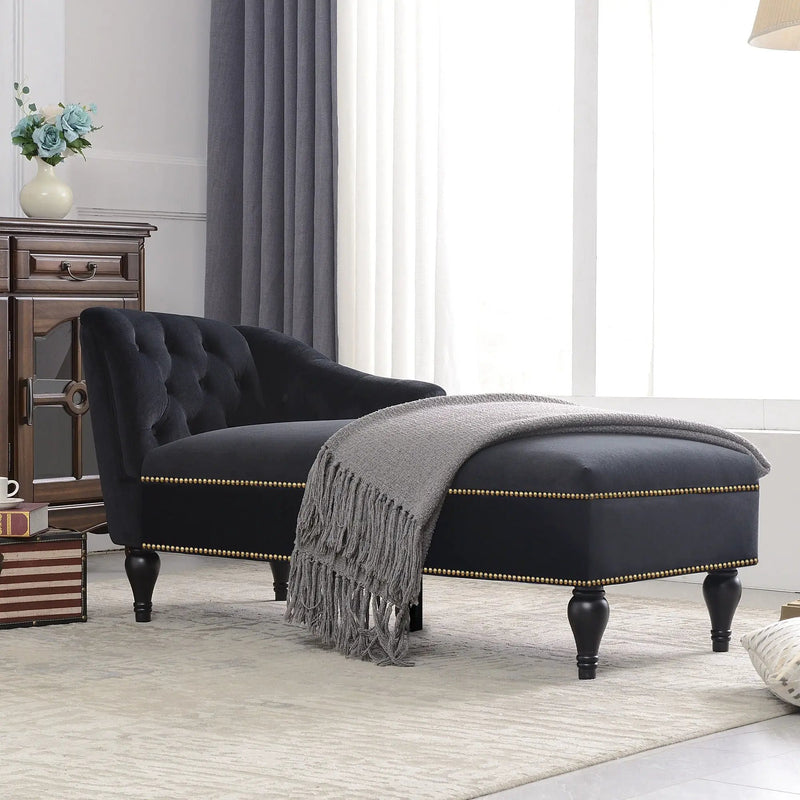 Velvet Chaise Lounge, Button Tufted Right Arm Facing Lounge Chair With Nailhead Trim For Living Room - Black by Unique Piece Furniture
