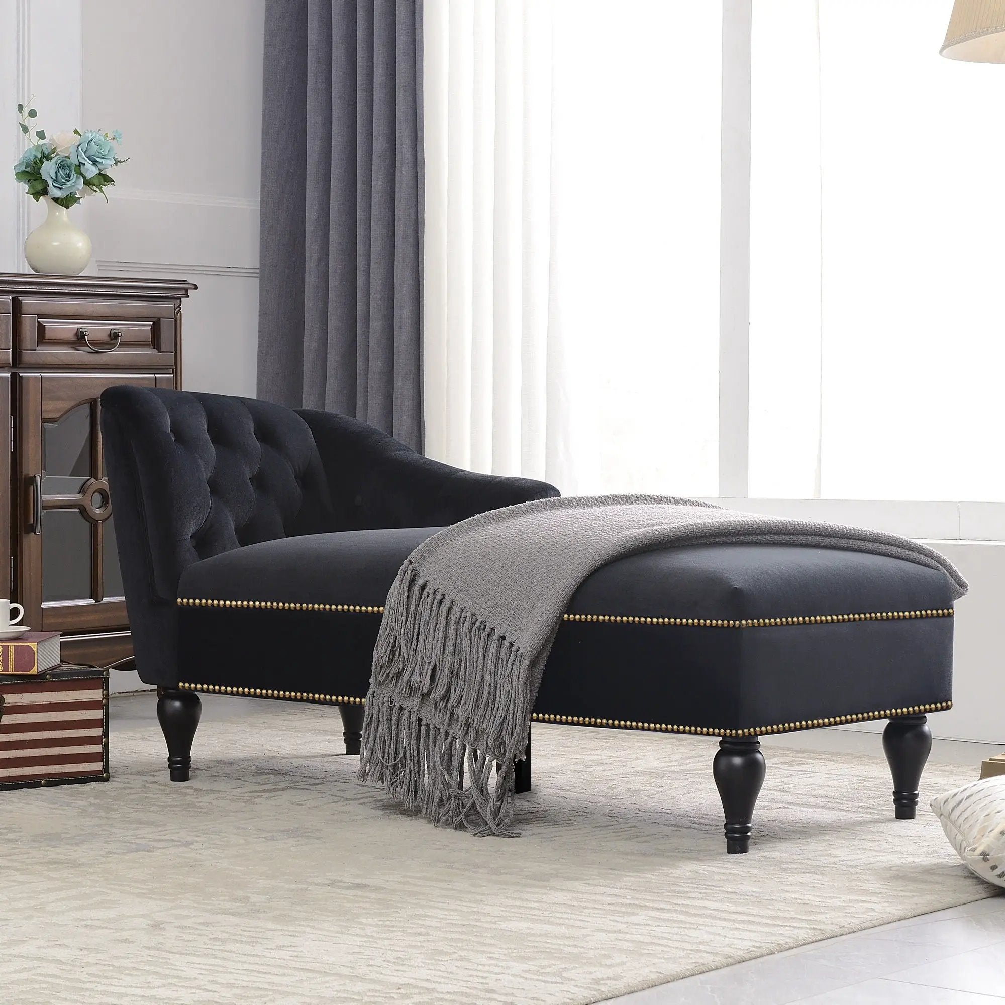 Velvet Chaise Lounge, Button Tufted Right Arm Facing Lounge Chair With Nailhead Trim For Living Room - Black by HouseOfZazla