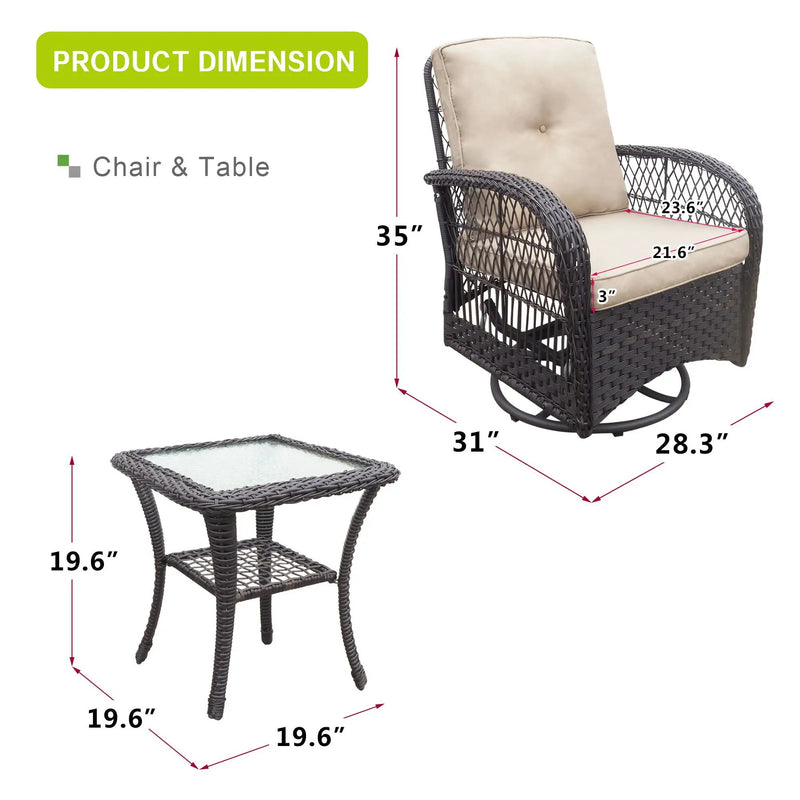 3 Pieces Conversation Set, Outdoor Wicker Rocker Swivel Patio Bistro Set, Rocking Chair With Glass Top Side Table by HouseOfZazla