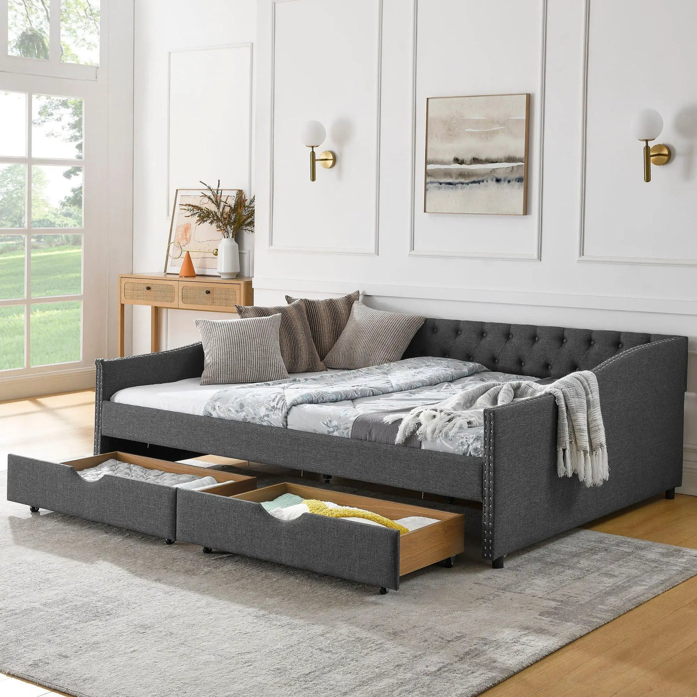 Upholstered Tufted Daybed With 2 Drawers, Waved Arms by Unique Piece Furniture