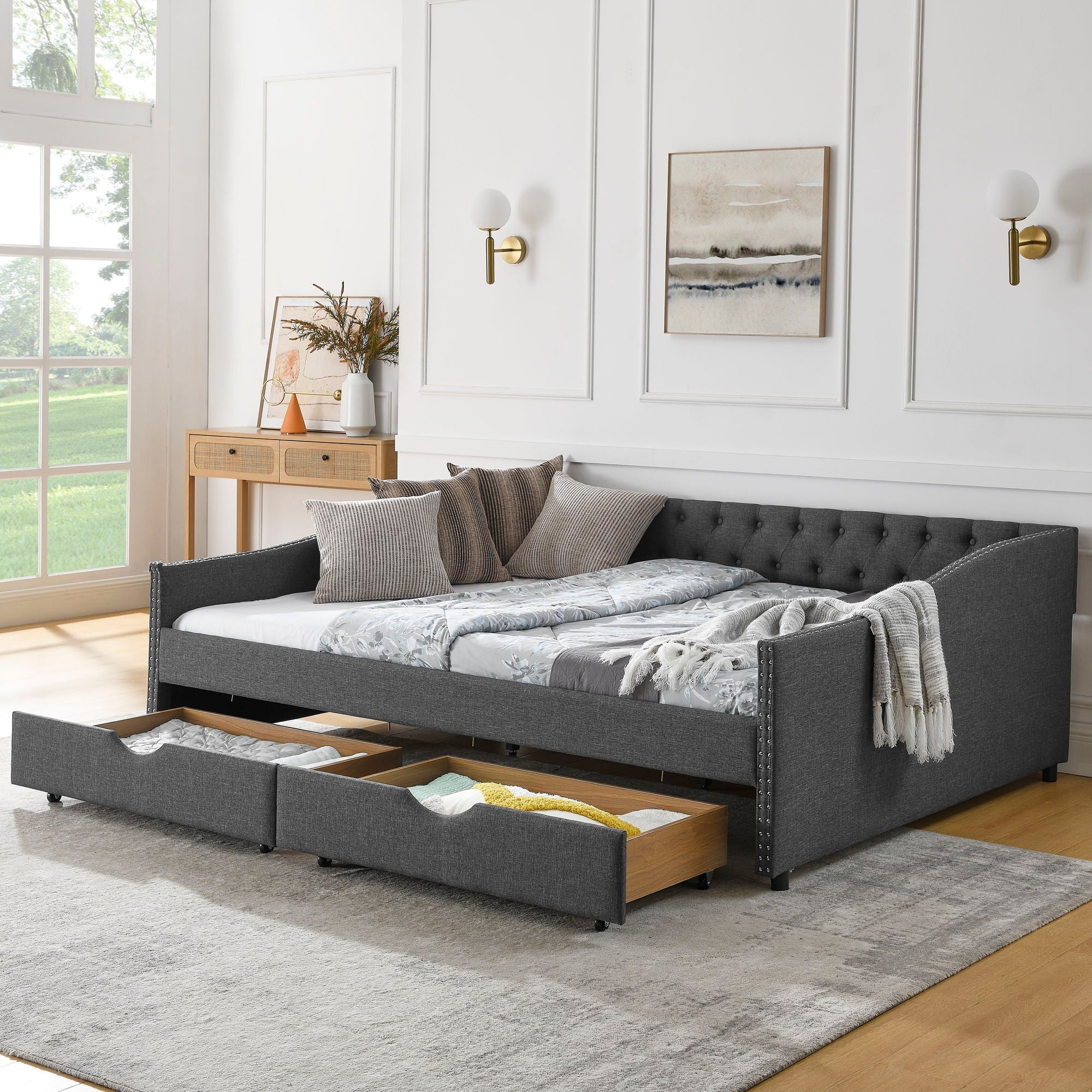 Upholstered Tufted Daybed With 2 Drawers, Waved Arms by Unique Piece Furniture