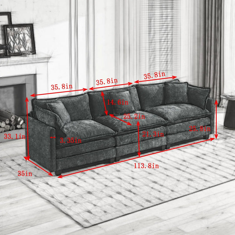 Cloud 3 Seats Sofa (Ottoman is not included) Chenille Fabric in Green by BLAKHOM