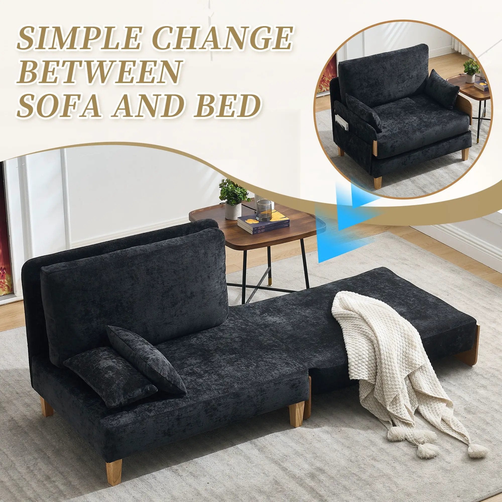 Mid Century Modern Foldable Sofa Bed, 3 In 1 Convertible Sleeper With 3 Pillows by Unique Piece Furniture