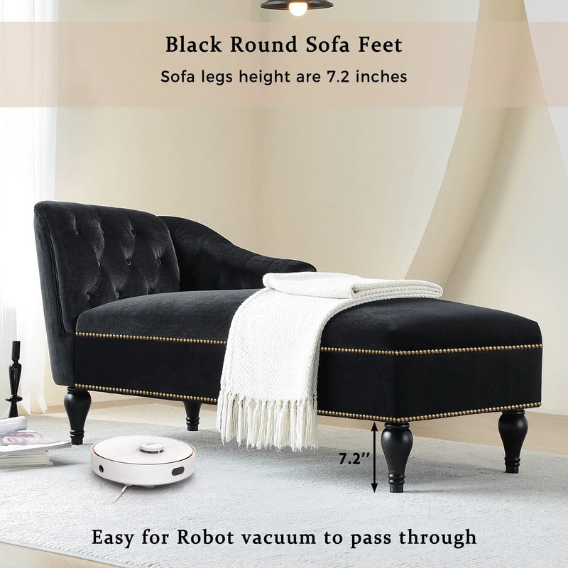 Velvet Chaise Lounge, Button Tufted Right Arm Facing Lounge Chair With Nailhead Trim For Living Room - Black by HouseOfZazla