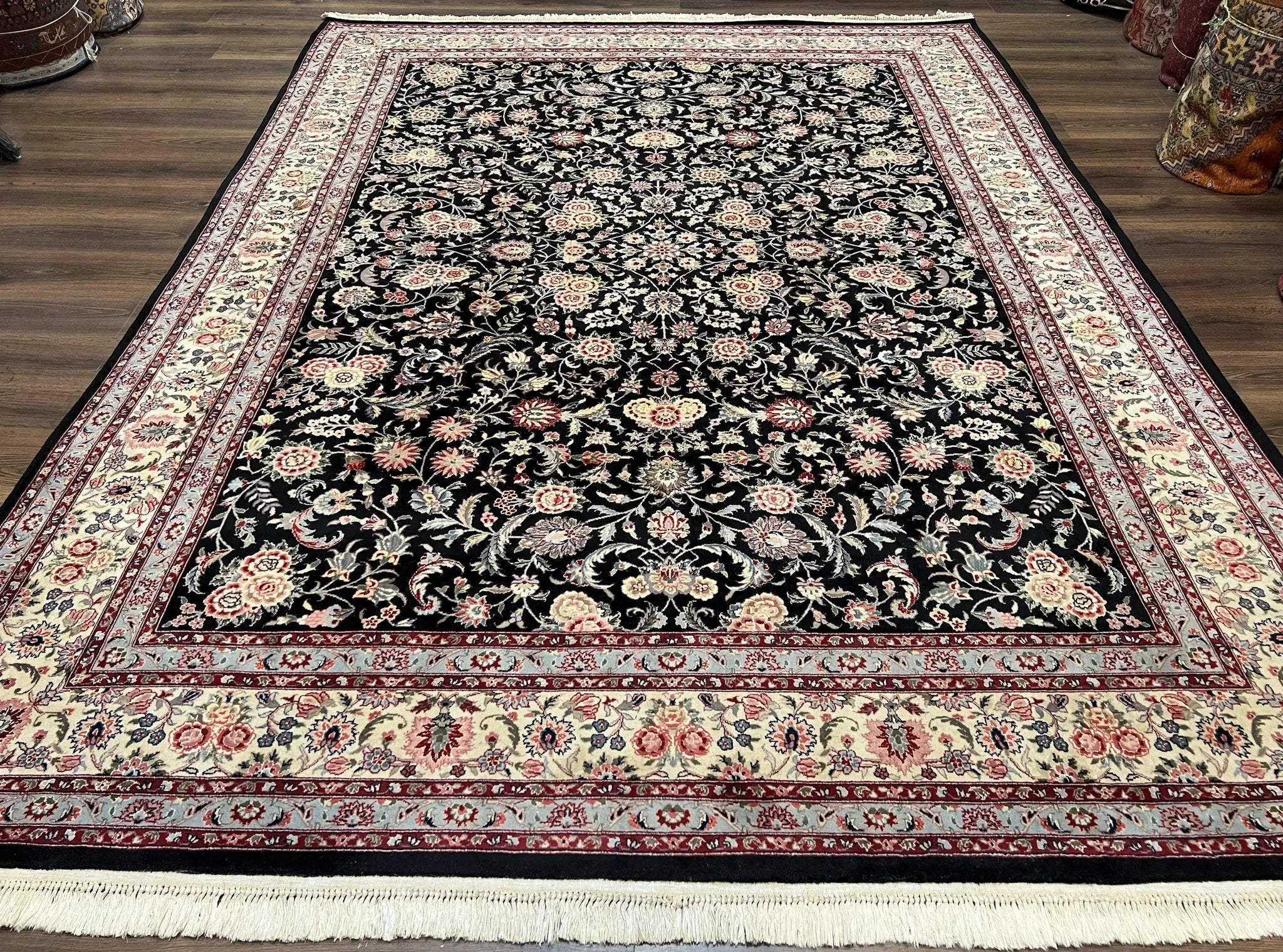 Pak Persian Rug 9x12, Floral Allover, Hand Knotted Oriental Carpet 9 x 12 ft, Black and Cream, Detailed, Wool with Silk Highlights, Vintage by Jewel Rugs
