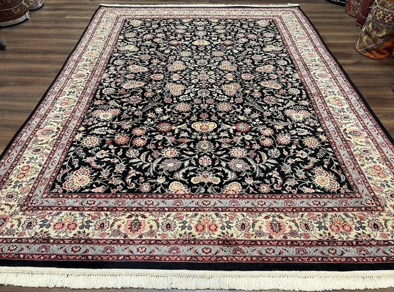 Pak Persian Rug 9x12, Floral Allover, Hand Knotted Oriental Carpet 9 x 12 ft, Black and Cream, Detailed, Wool with Silk Highlights, Vintage by Jewel Rugs