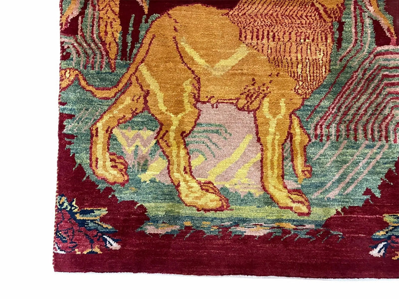 3 X 5 Handmade Rug New Vintage Rug Quality Wool Pictorial Lion Jungle Veg Dyes by Jewel Rugs