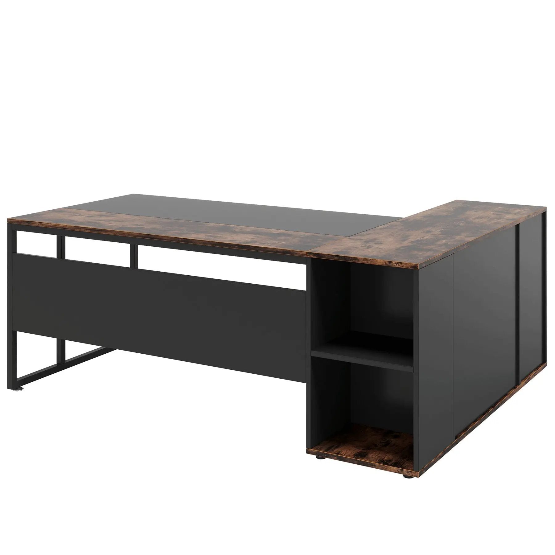 L-Shaped Executive Desk With Storage Cabinet & Shelves, Home Office Workstation With Cpu Stand And Printer Station - Brown / Black by HouseOfZazla