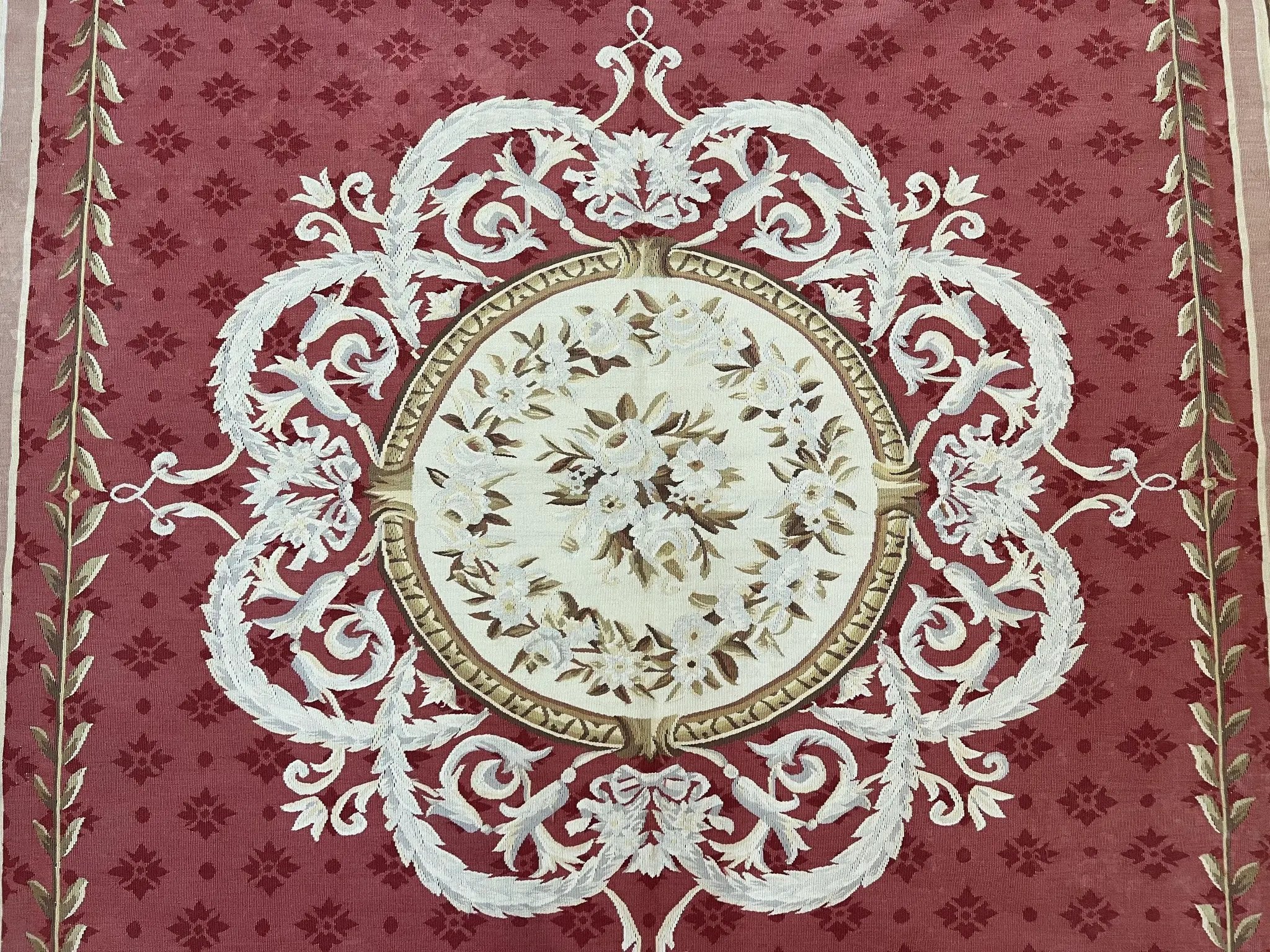 Aubusson Rug 9x12 ft, Red and Ivory Elegant Aubusson Carpet, Flatweave, Vintage Wool Handmade Area Rug 9 x 12, French European Design by Jewel Rugs