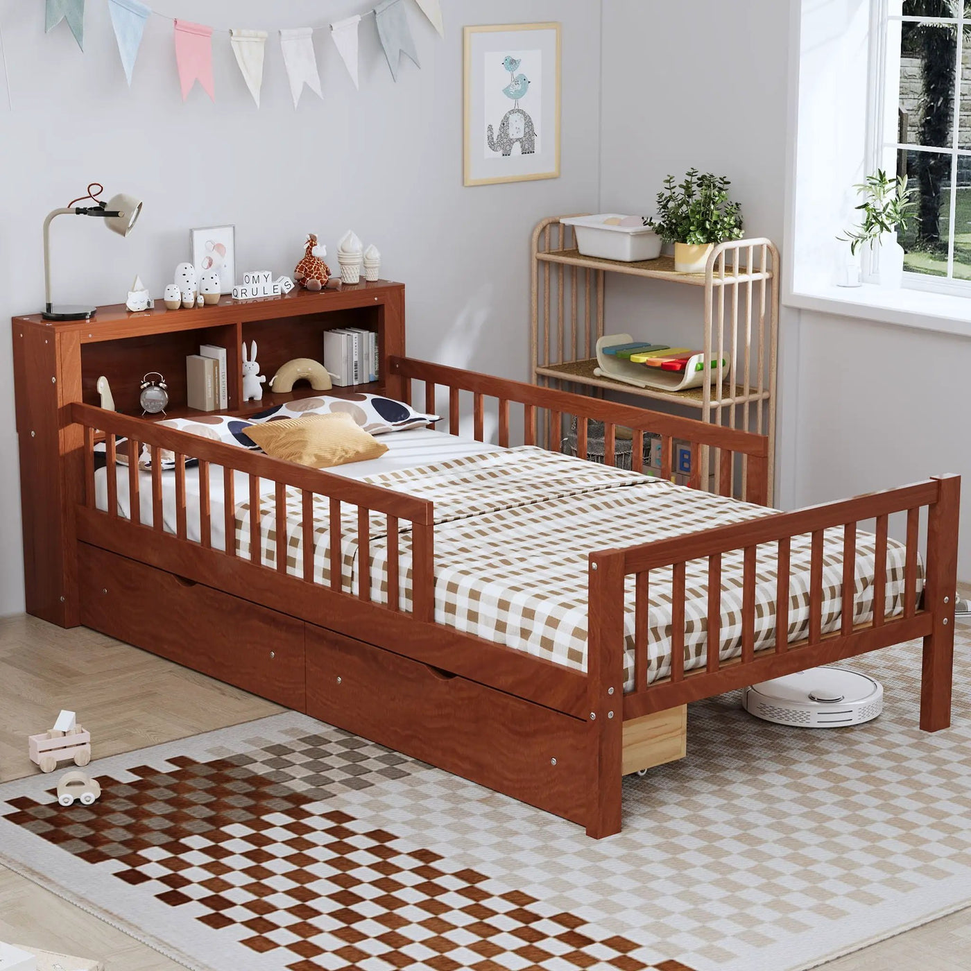 Bed With Headboard Storage Rack, 2 Under Bed Drawers, 3 Side Guardrails For Safety by HouseOfZazla