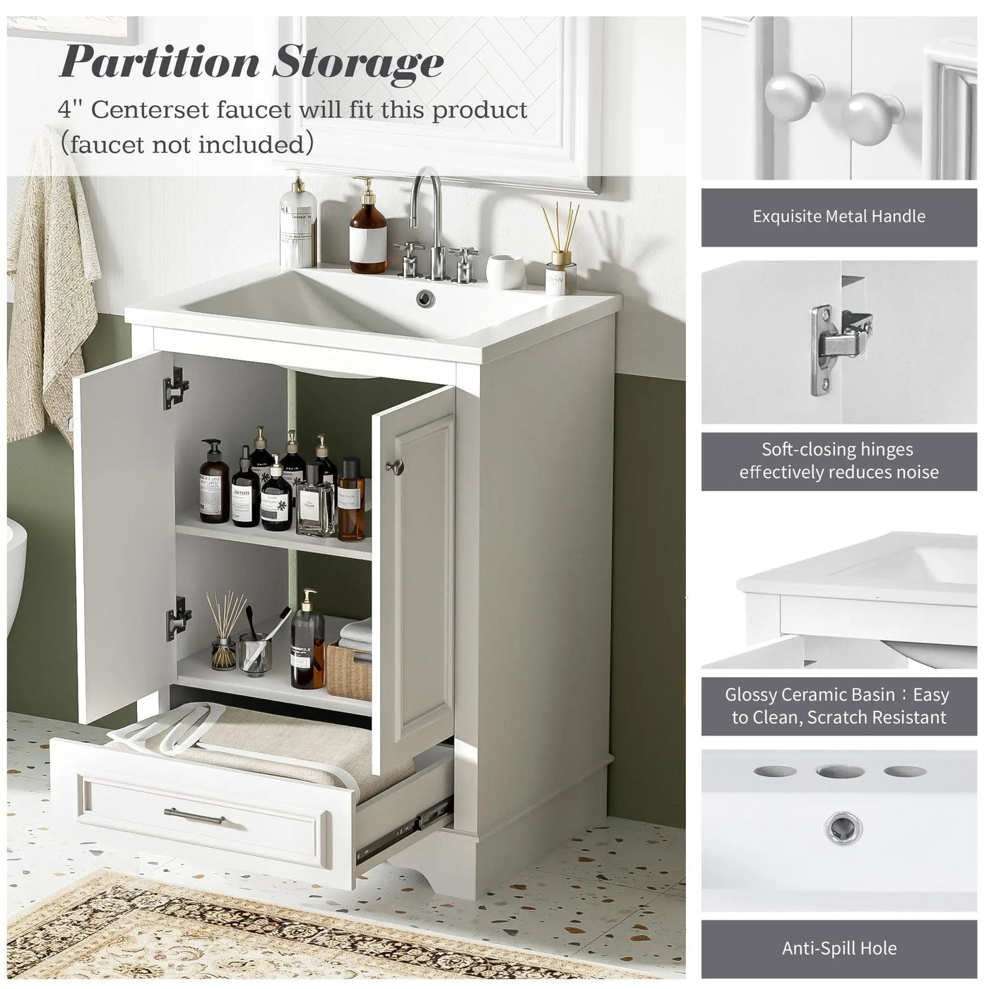 Bathroom Vanity With Ceramic Sink Combo, Modern Freestanding Storage Cabinet With Silver Handles by HouseOfZazla