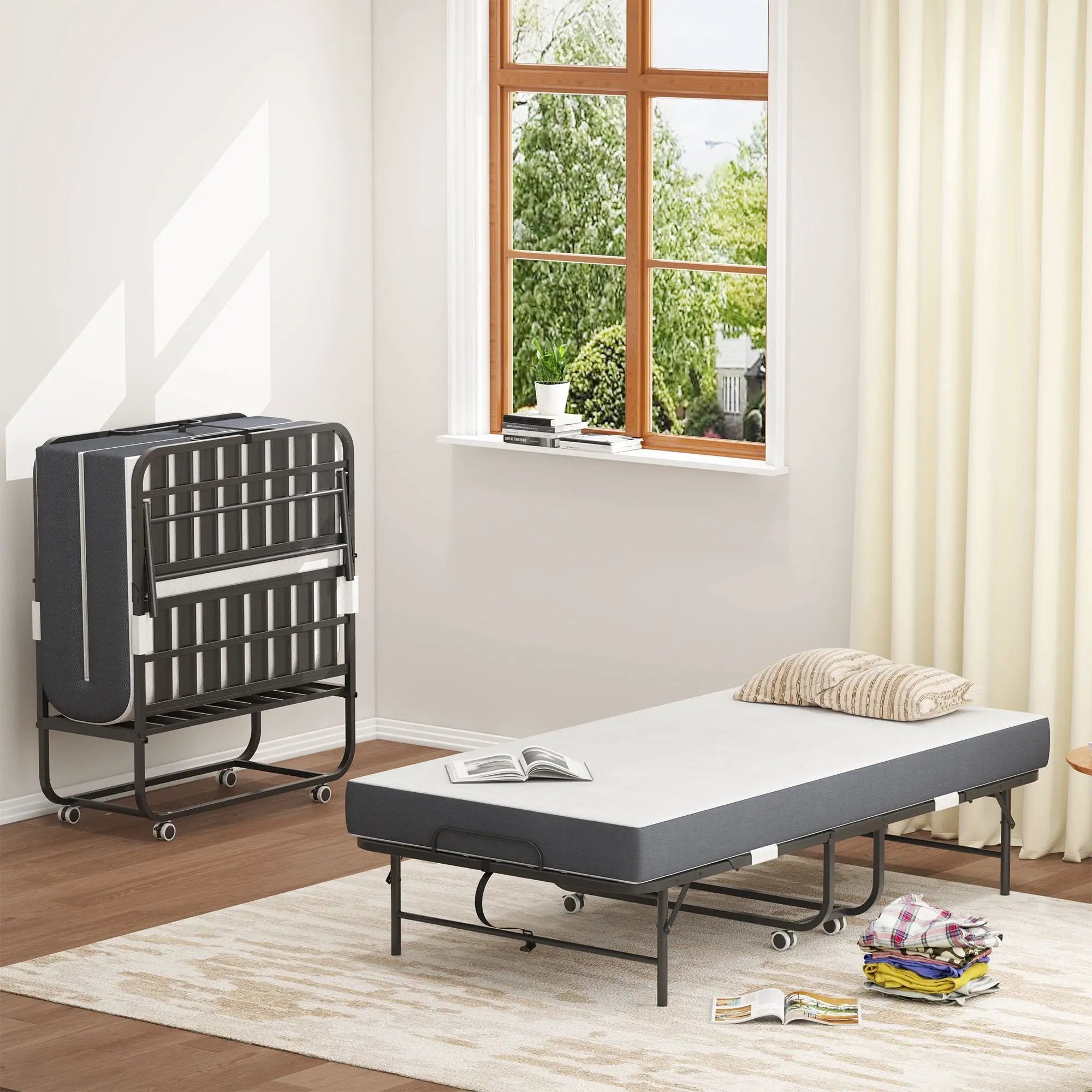 Twin Extra Long Folding Bed For Tall People, Heavy-Duty Rollaway Guest With Memory Foam Mattress - Black by Unique Piece Furniture