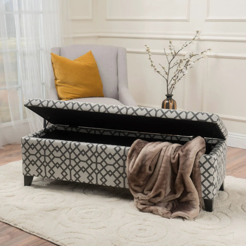 Quotient Upholstered Storage Ottoman With Tapered Block Feet - Gray / White by HouseOfZazla
