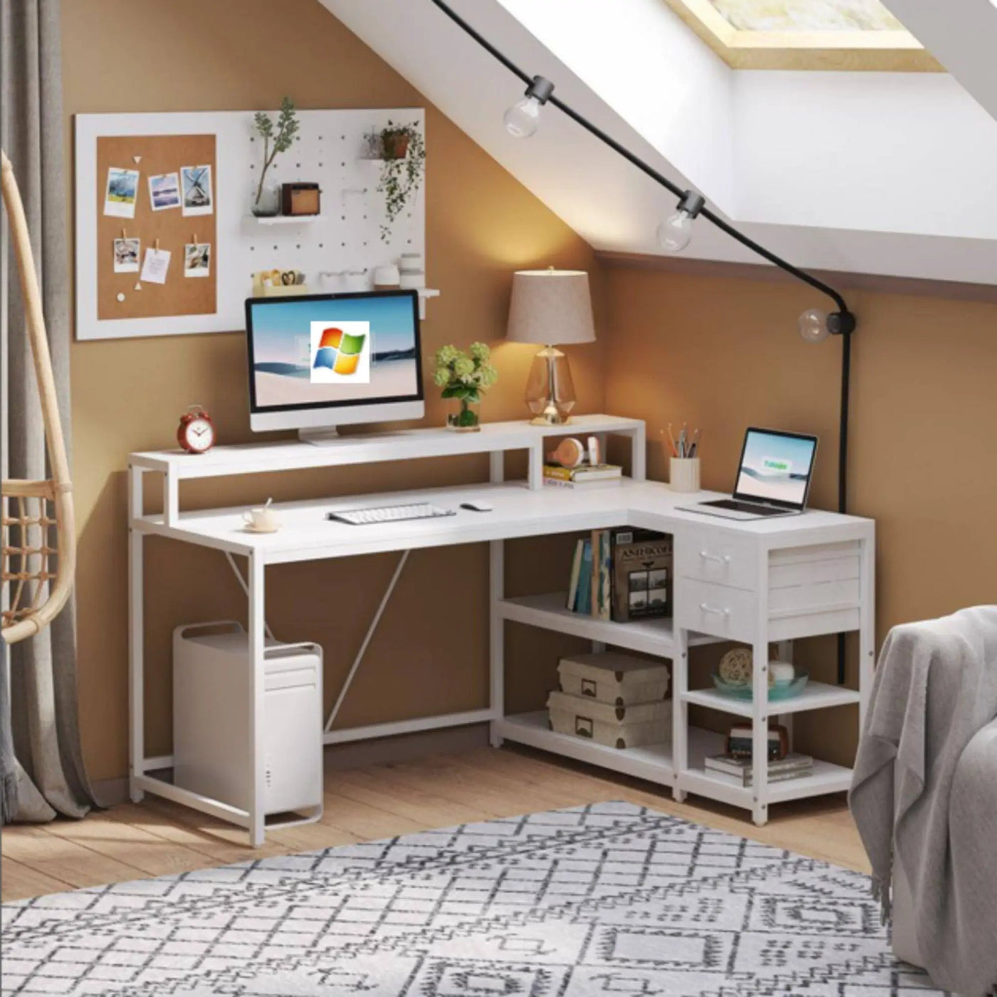 L-Shaped Home Office Desk With Monitor Riser, Drawers, And Storage Shelves by HouseOfZazla