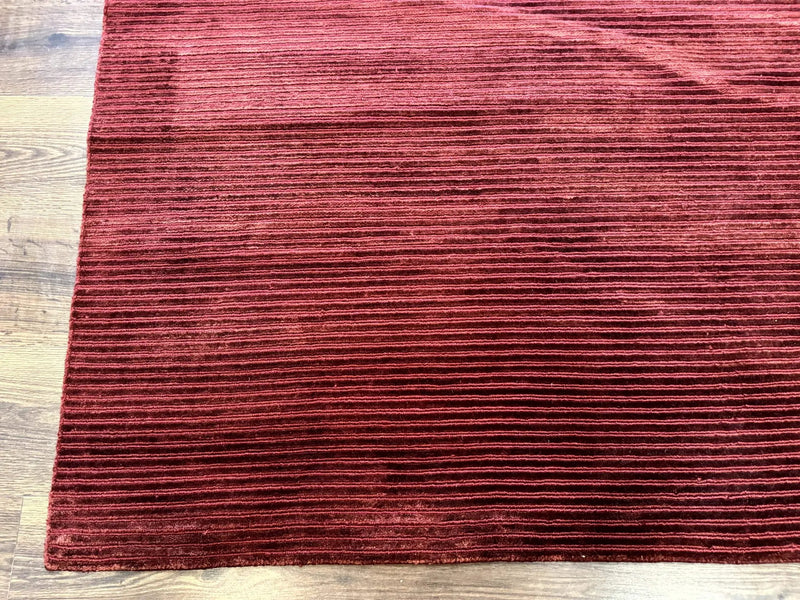 Modern Tibetan Rug 8x10, Red, Stripes, Handmade Wool Thick Pile Carpet by Jewel Rugs