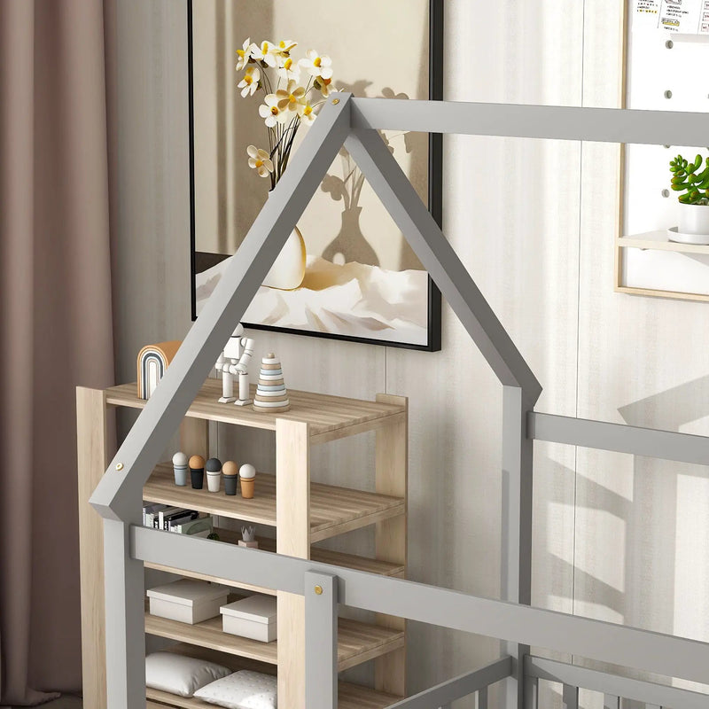 Floor Wooden Bed With House Roof Frame, Fence Guardrails by HouseOfZazla