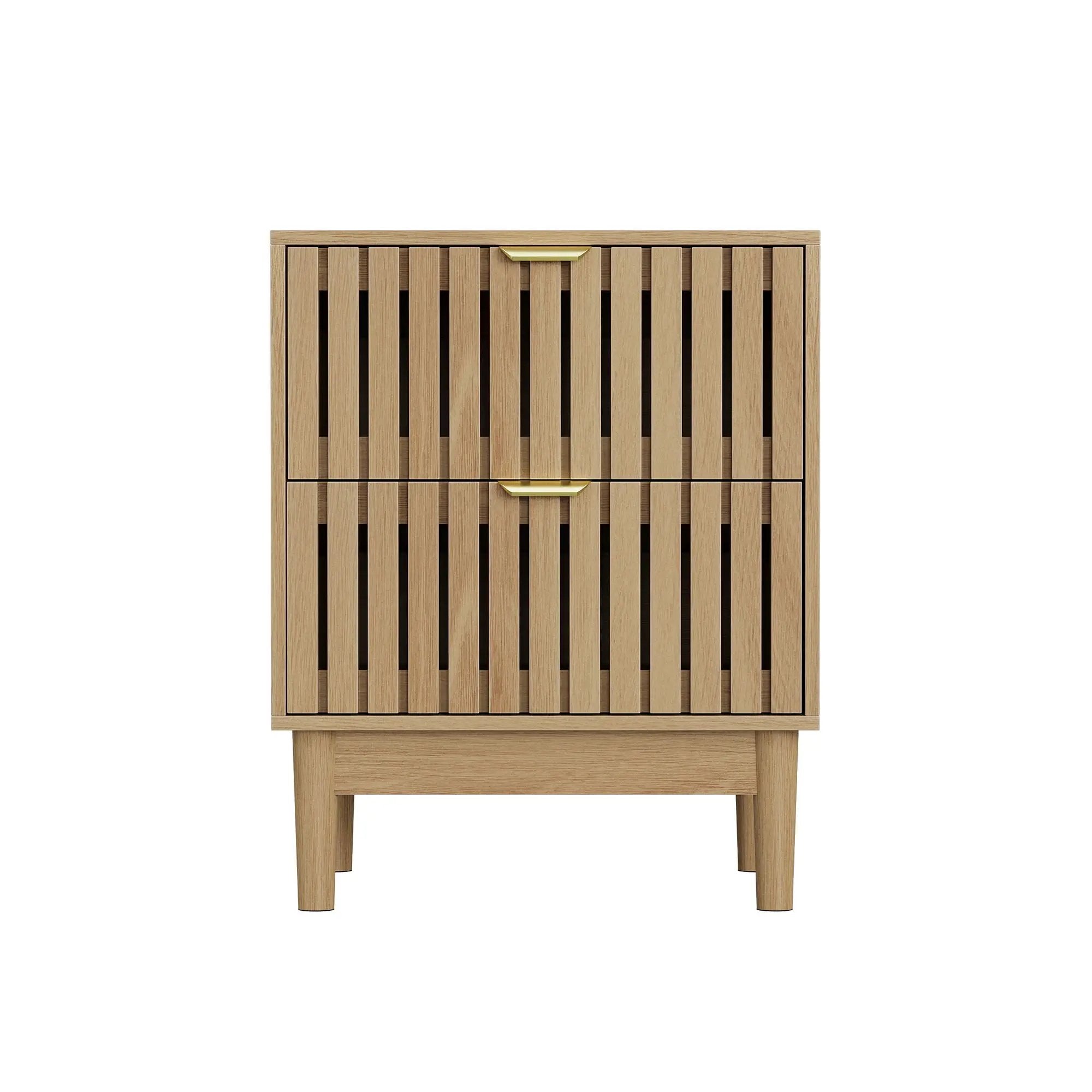 Bedside Table With Grille Design And 2 Drawers, Side Table For Bedroom - Oak by Unique Piece Furniture
