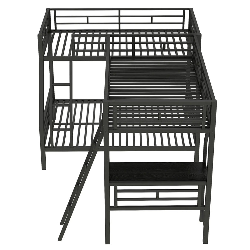 Twin Over Full Bunk Bed With Loft And Desk, L-Shaped Design For 3 Sleepers - Black by HouseOfZazla
