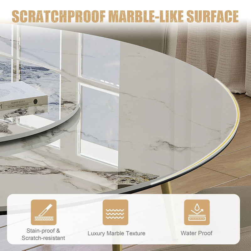 Luxury Round 59" Sintered Stone Dining Table With Stainless Steel Hourglass Base, Scratch & Heat Resistant Surface - Golden / White by HouseOfZazla
