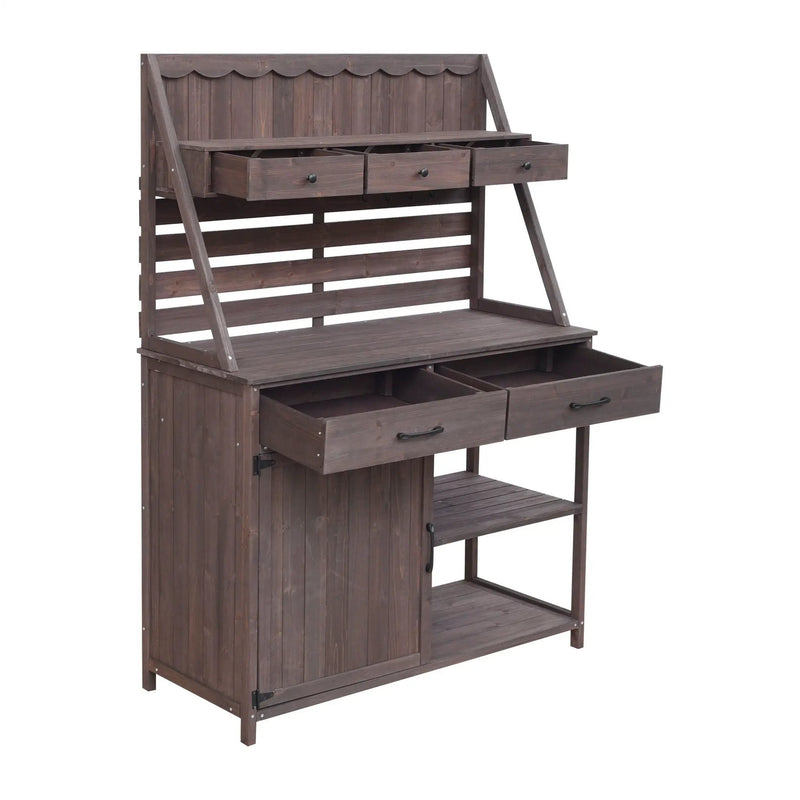 Potting Bench With 5 Drawer Storage And Slatted Back Panel, Garden Workstation - Brown by HouseOfZazla