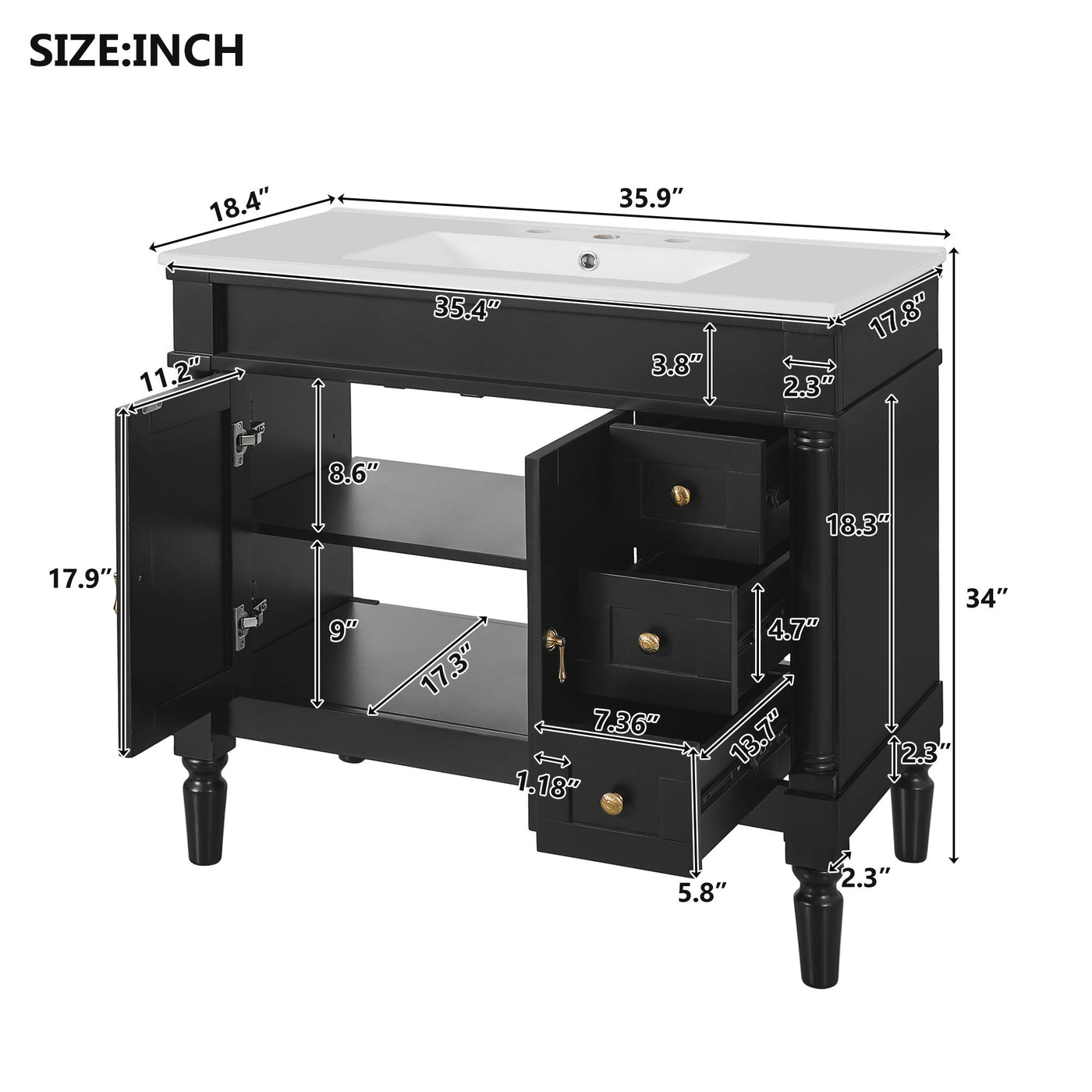 Bathroom Vanity With Ceramic Sink, 2 Doors 3 Drawers, Soft Close Design by Unique Piece Furniture