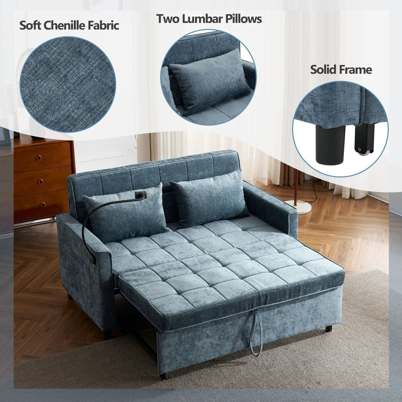 Pull-Out Sleeper Sofa With Reversible Backrest Cushion, Side Pockets, 2 USB Ports And A Phone Holder For Living Room by Unique Piece Furniture