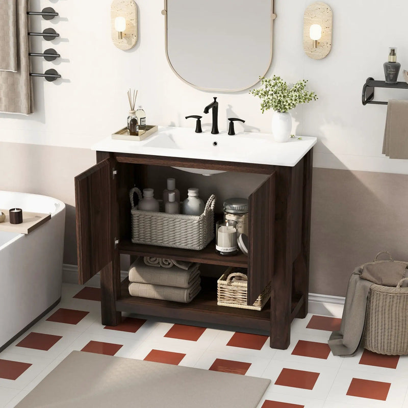 Modern Bathroom Vanity With Rectangle Ceramic Sink, Soft Closing Doors
