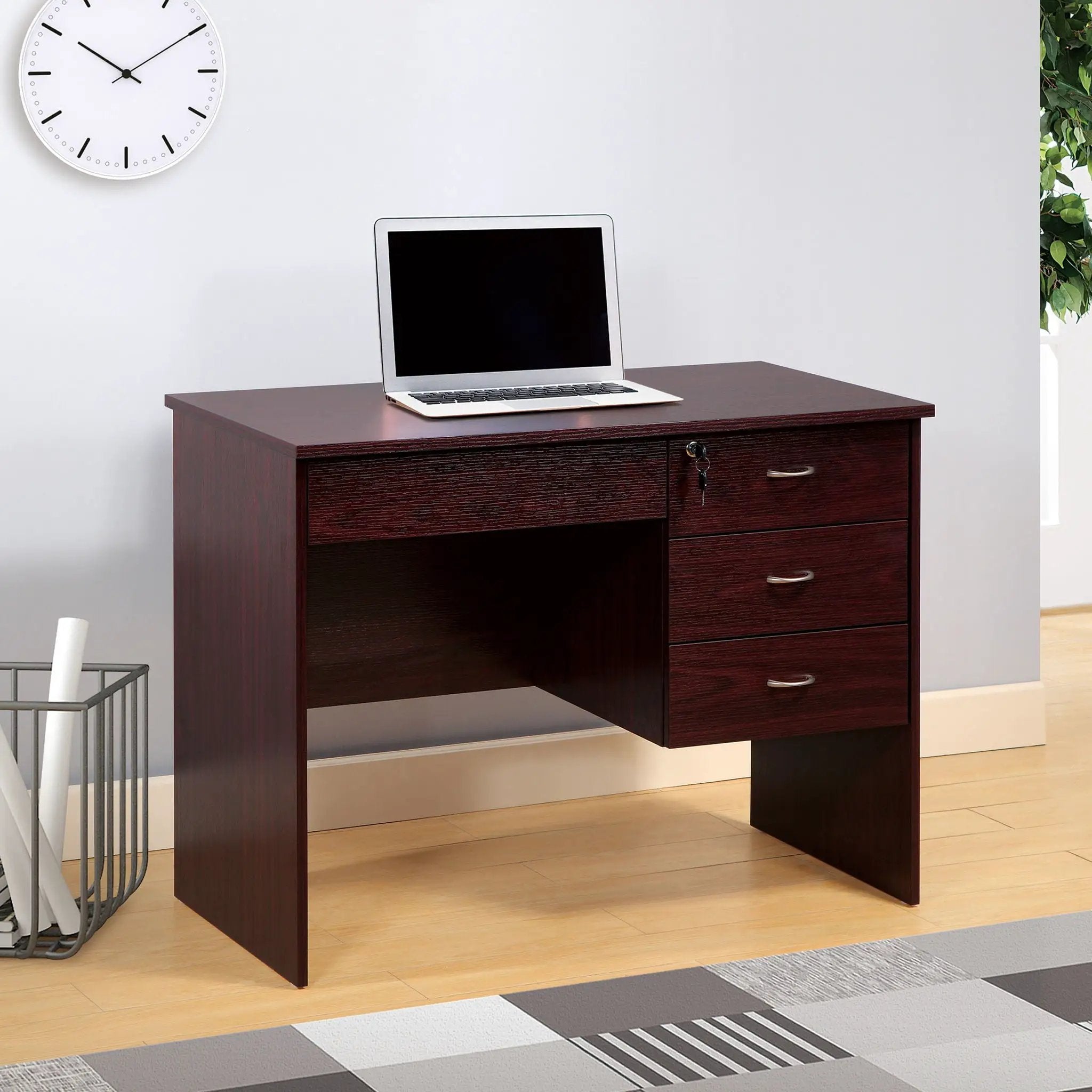 Three Locking Drawers On Metal Glides Student Desk Work Desk Modesty Panel Metal Bar Handles - Mahogany by HouseOfZazla
