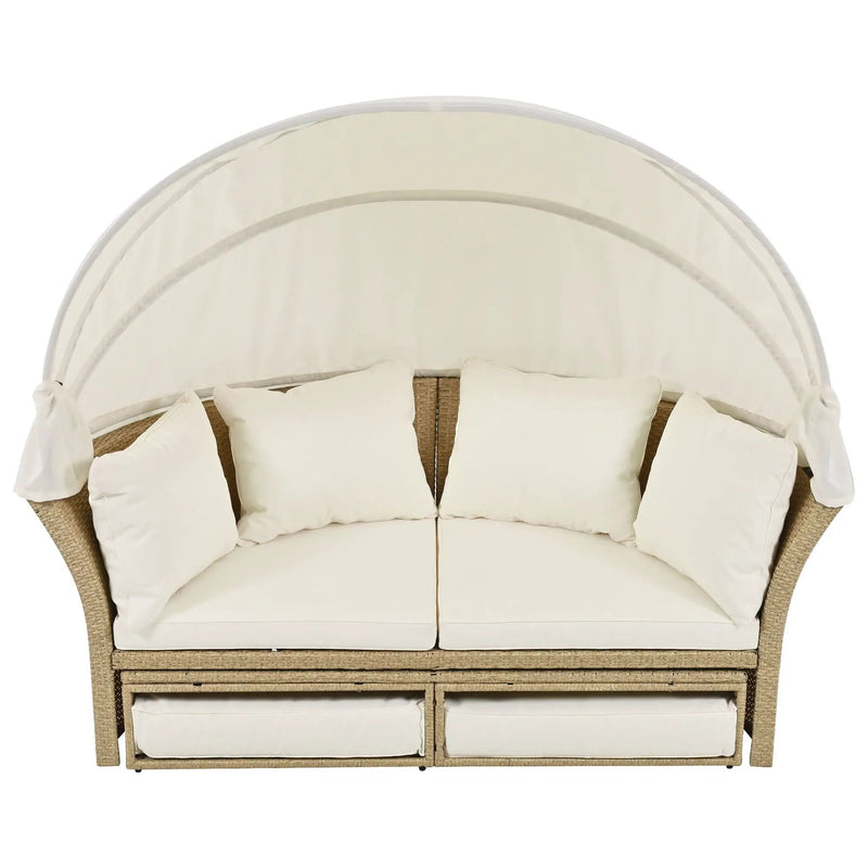 Outdoor Patio Daybed Wicker Rattan Double Daybed Round Sofa Furniture Set With Retractable Canopy, 4 Pillows For Lawn Garden by HouseOfZazla