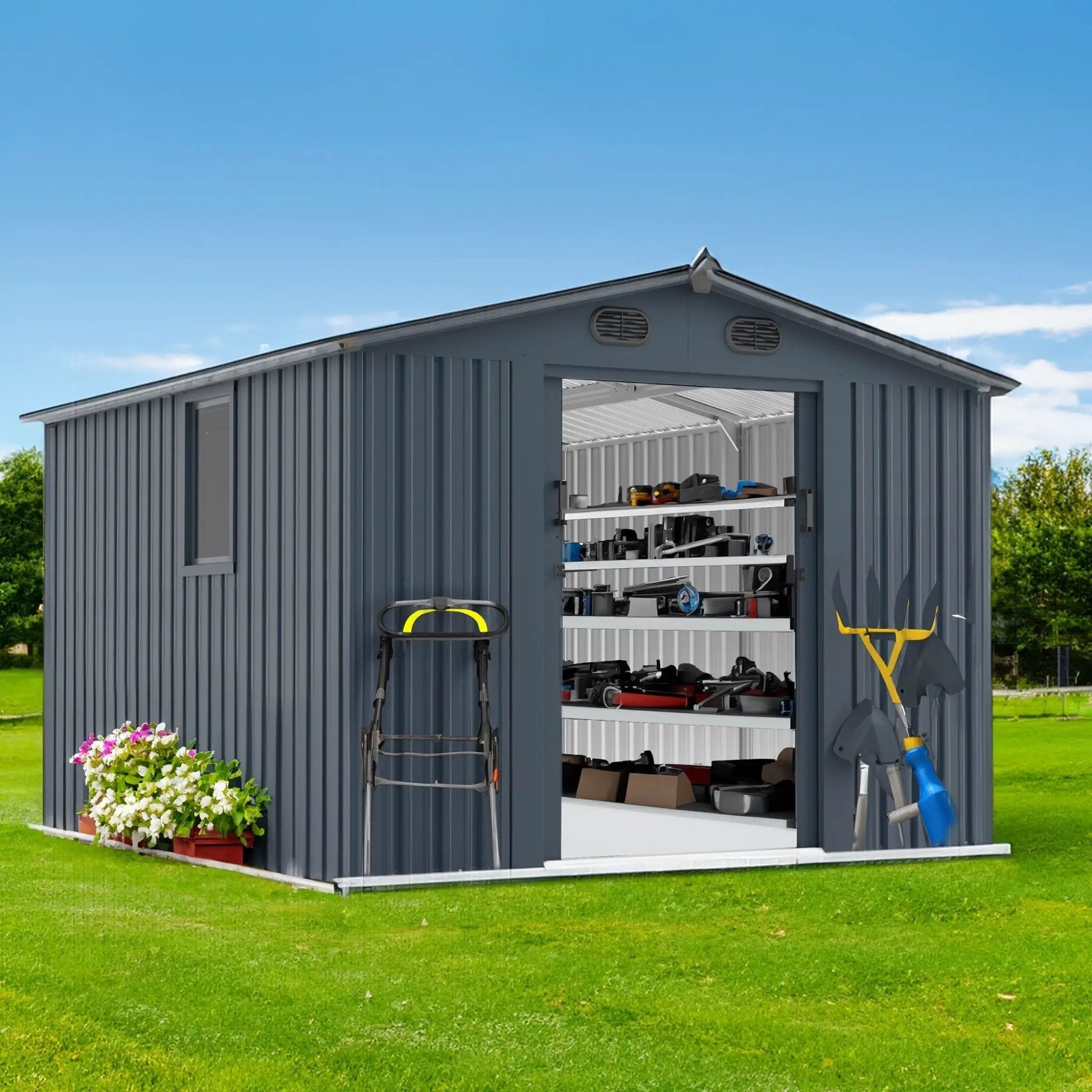 [08X10FT] Large Outdoor Metal Backyard Garden Storage Tool Shed With Window And Lockable Doors (SAK68140) by SAKSBY WHOLESALE