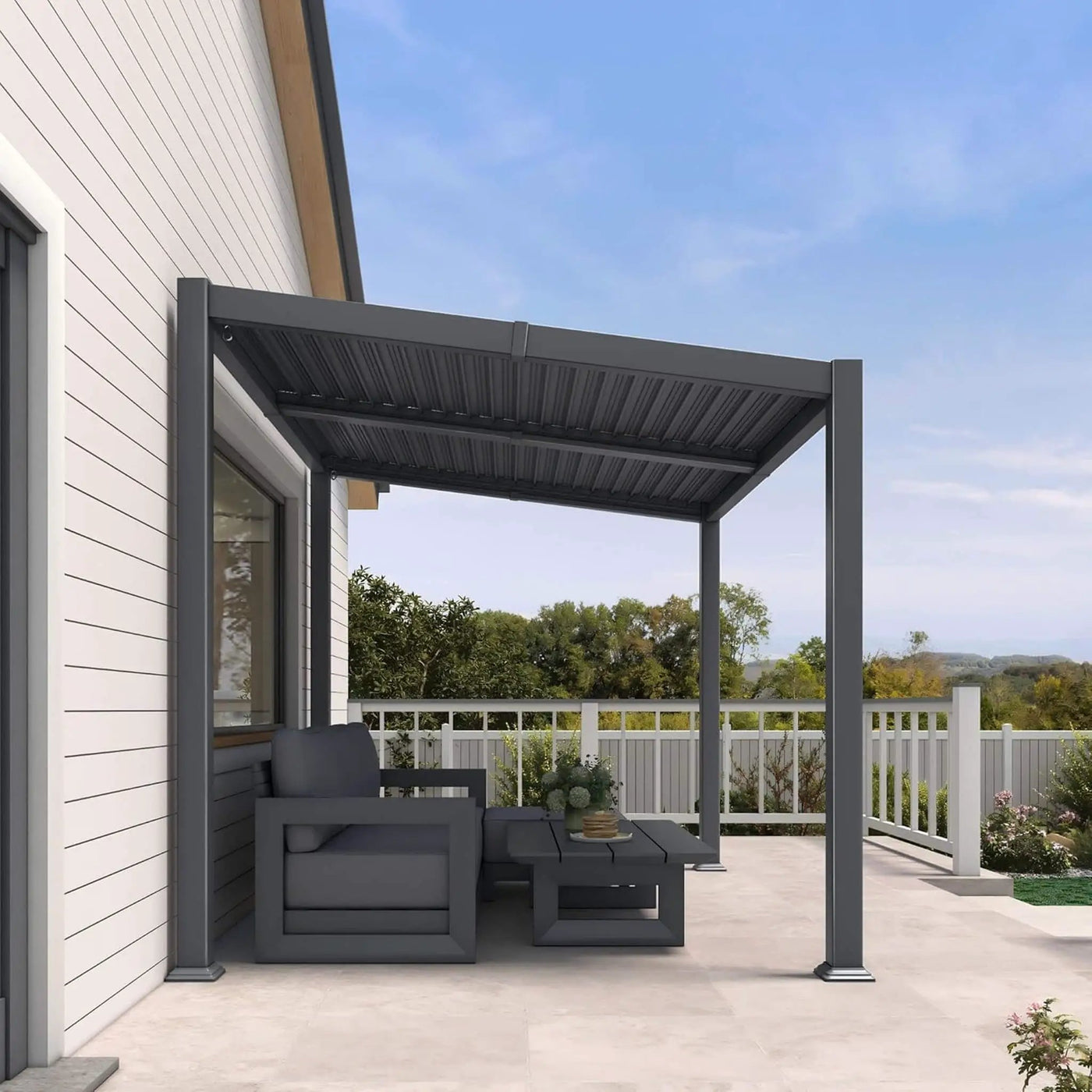 [08X10FT] Modern Louvered Aluminum Pergola With Sloped Roof (SAK12169) by SAKSBY WHOLESALE